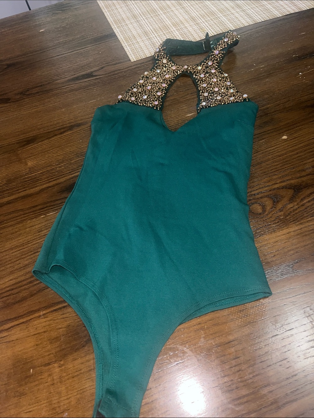 SHEIN Emerald Green Jeweled Halter Bodysuit